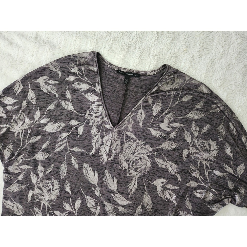 White House Black Market S Top Metallic‎ Foil Silver Floral V-Neck Dolman Blouse
